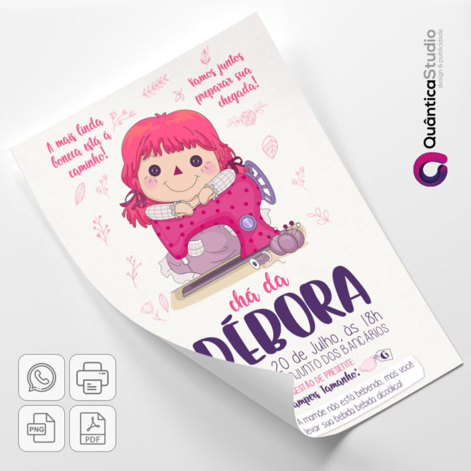 Convite Virtual de Aniversário Chá de Bebê Boneca de Pano