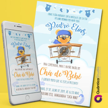 Convite Aniversário Digital Chá de Bebê Urso Aviador