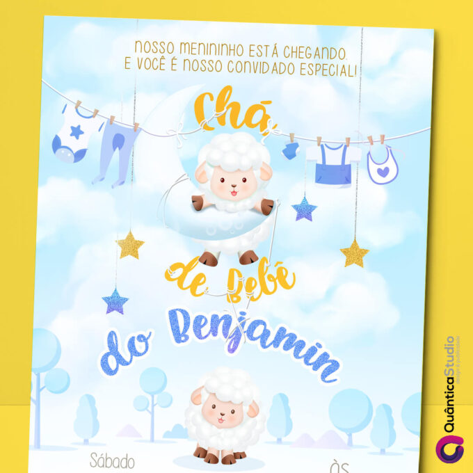 Convite Virtual Chá de Bebê Ovelhinha Azul E Amarelo Digital Whatsapp