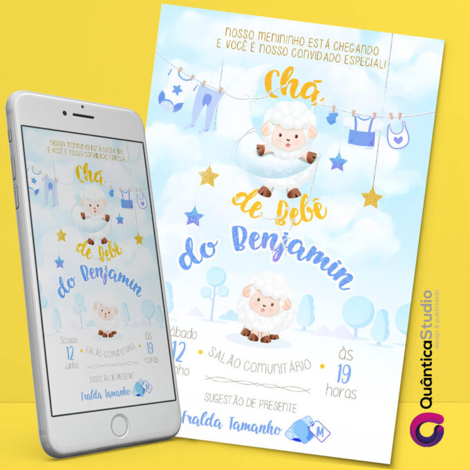 Convite Virtual Chá de Bebê Ovelhinha Azul E Amarelo Whatsapp