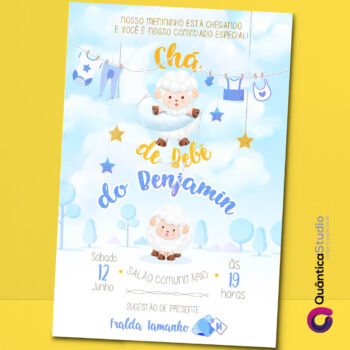 Convite Virtual Chá de Bebê Ovelhinha Azul E Amarelo Whatsapp Imprimir