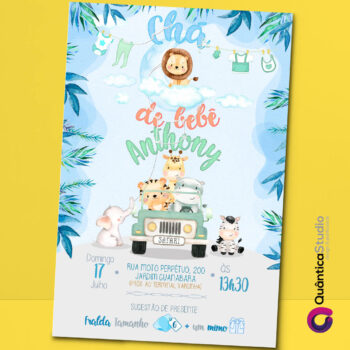 Convite Virtual Chá de Bebê Safari Watercolor Whatsapp Imprimir