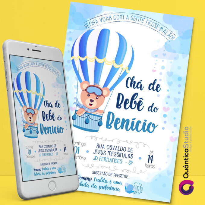 Convite Virtual Chá de Bebê Urso Baloeiro Azul Whatsapp