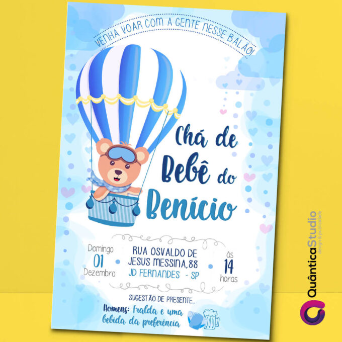 Convite Virtual Chá de Bebê Urso Baloeiro Azul Whatsapp Imprimir