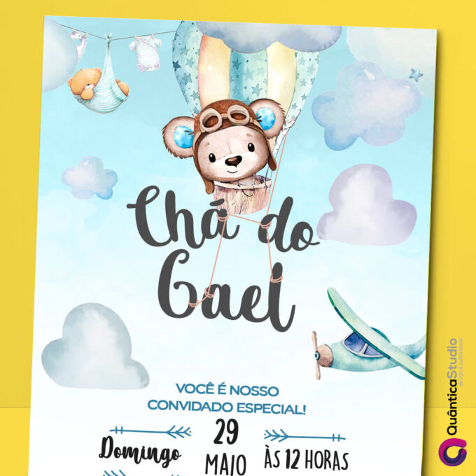 Convite Virtual Chá de Bebê Urso Baloeiro Watercolor Digital Whatsapp