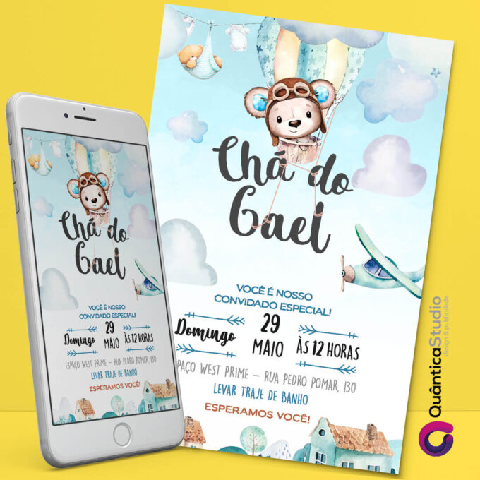 Convite Virtual Chá de Bebê Urso Baloeiro Watercolor Whatsapp