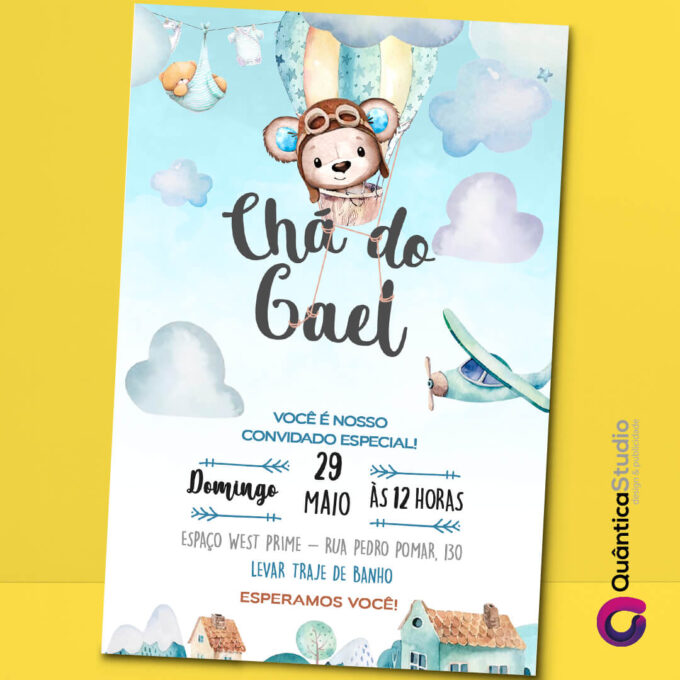 Convite Virtual Chá de Bebê Urso Baloeiro Watercolor Whatsapp Imprimir