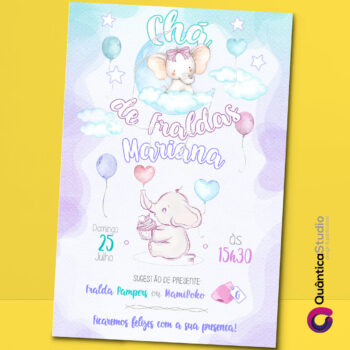 Convite Virtual Chá de Fraldas Elefantinho Watercolor Whatsapp Imprimir