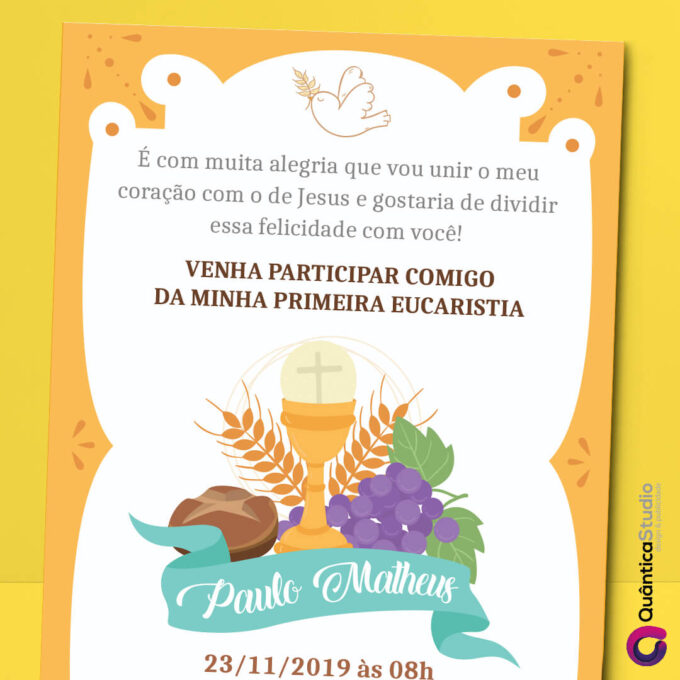Convite Virtual Primeira Comunhão Pergaminho Amarelo Digital Whatsapp