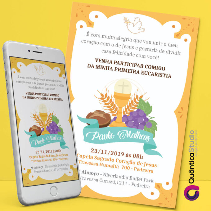 Convite Virtual Primeira Comunhão Pergaminho Amarelo Whatsapp